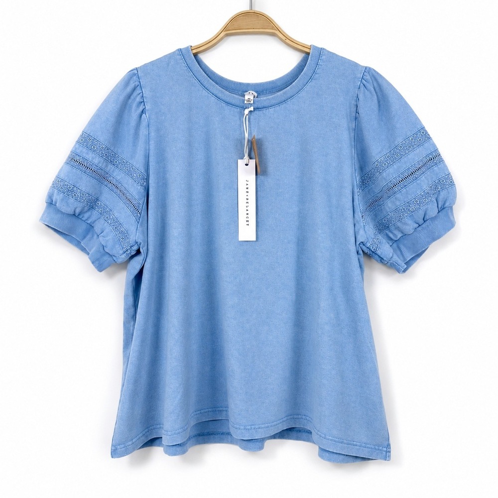Jane and Delancey Embroidered Puff Sleeve Blouse Top Women 2X  Blue VTG Wash NWT